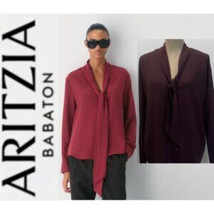Babaton Hestia Blouse Tie Neck Long Sleeve Burgundy Purple Size Medium